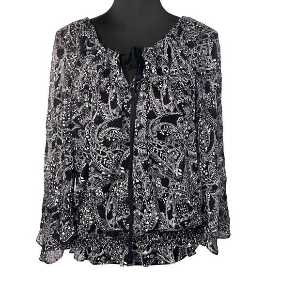 Nicole Miller Woman Size M, Sheer Black Gold Metallic Smocked FairyGoth Blouse - Picture 1 of 12